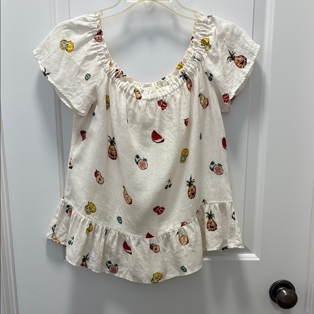 Zara Fruit Print White Women's Off Shoulder Top NWOT